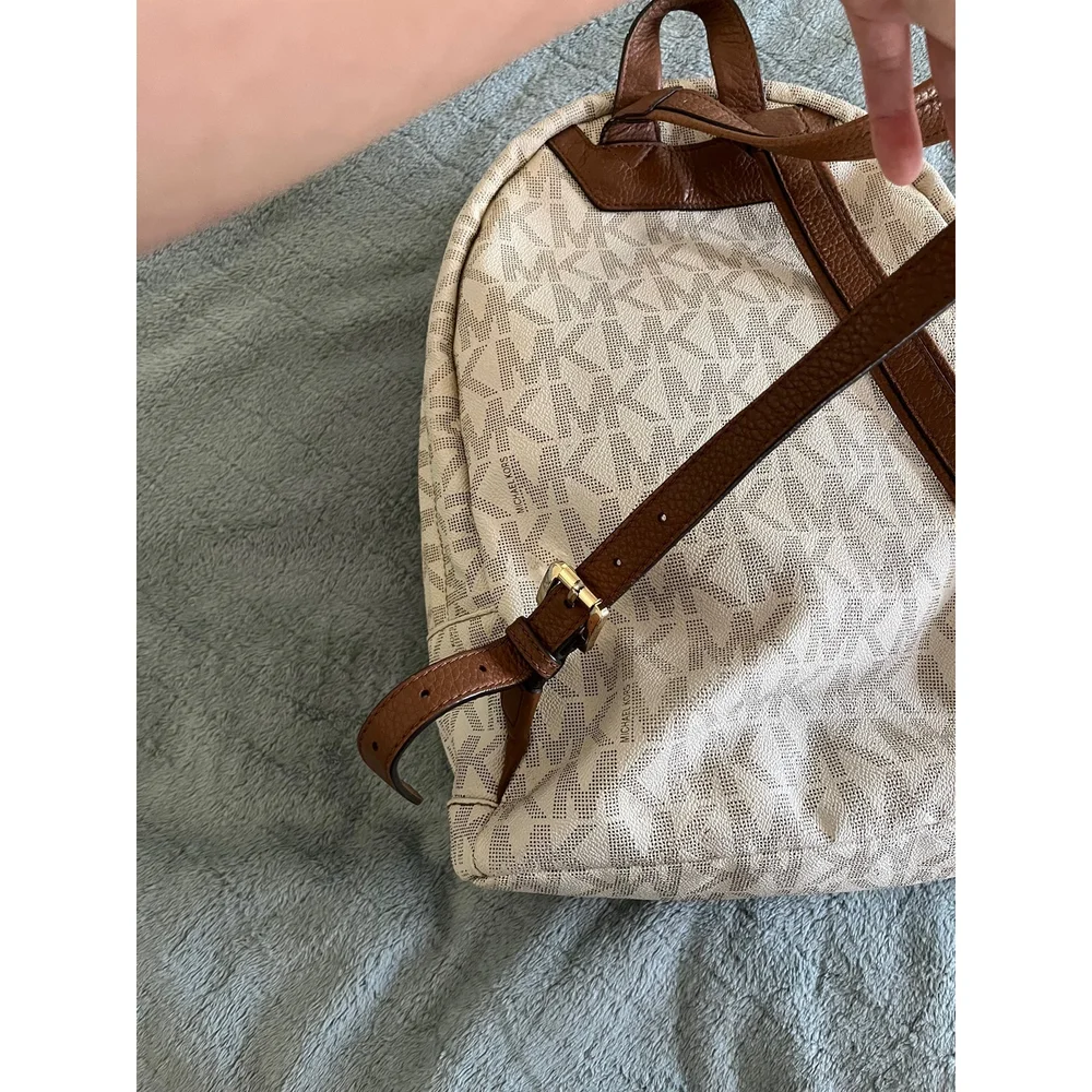 Michael Kors Abbey Studded Signature Logo Backpack Cream Tan‎ Gold Studs